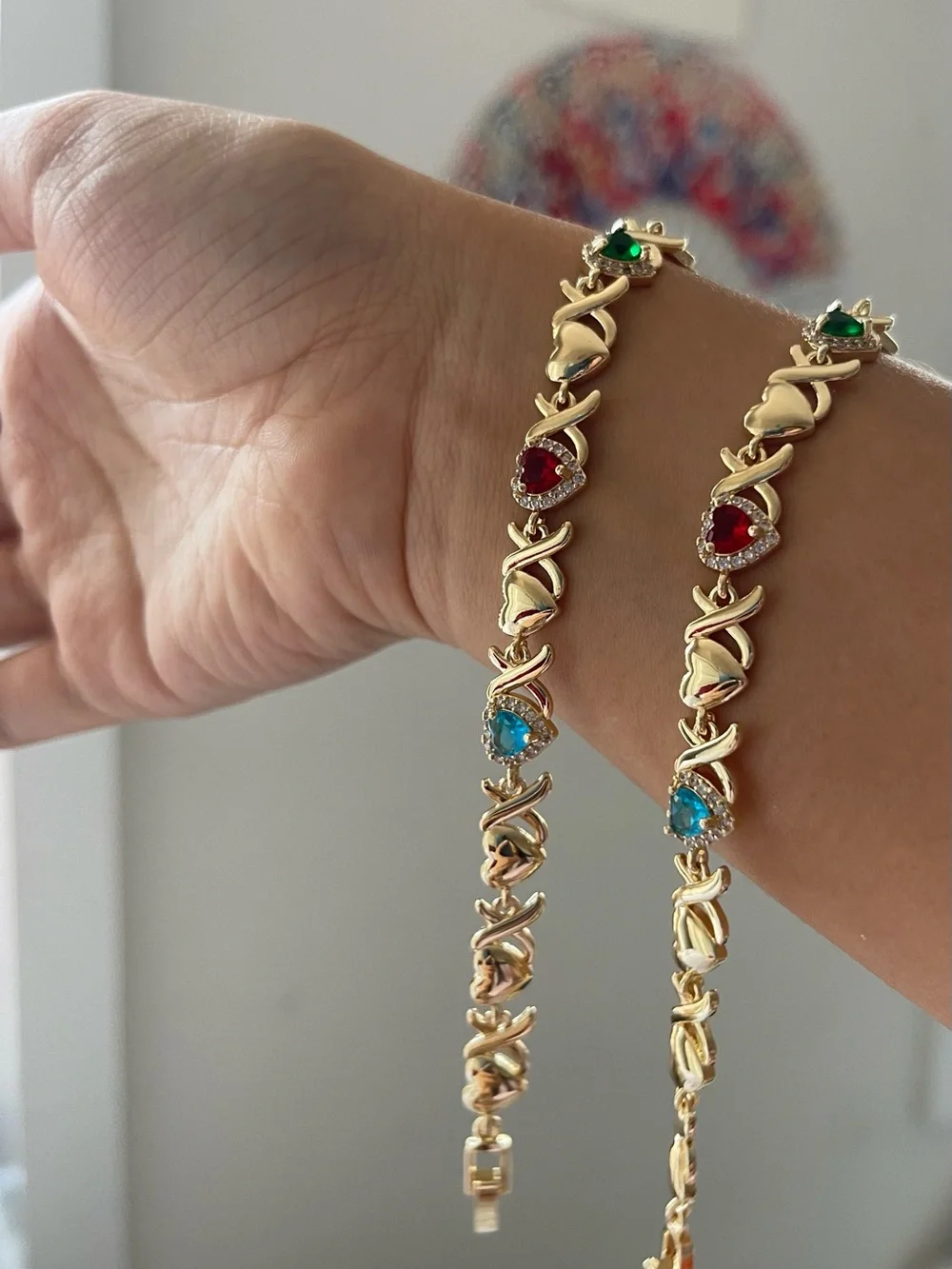 Gold-Tone Multi Gem Heart Link Bracelet - Green, Red, Blue